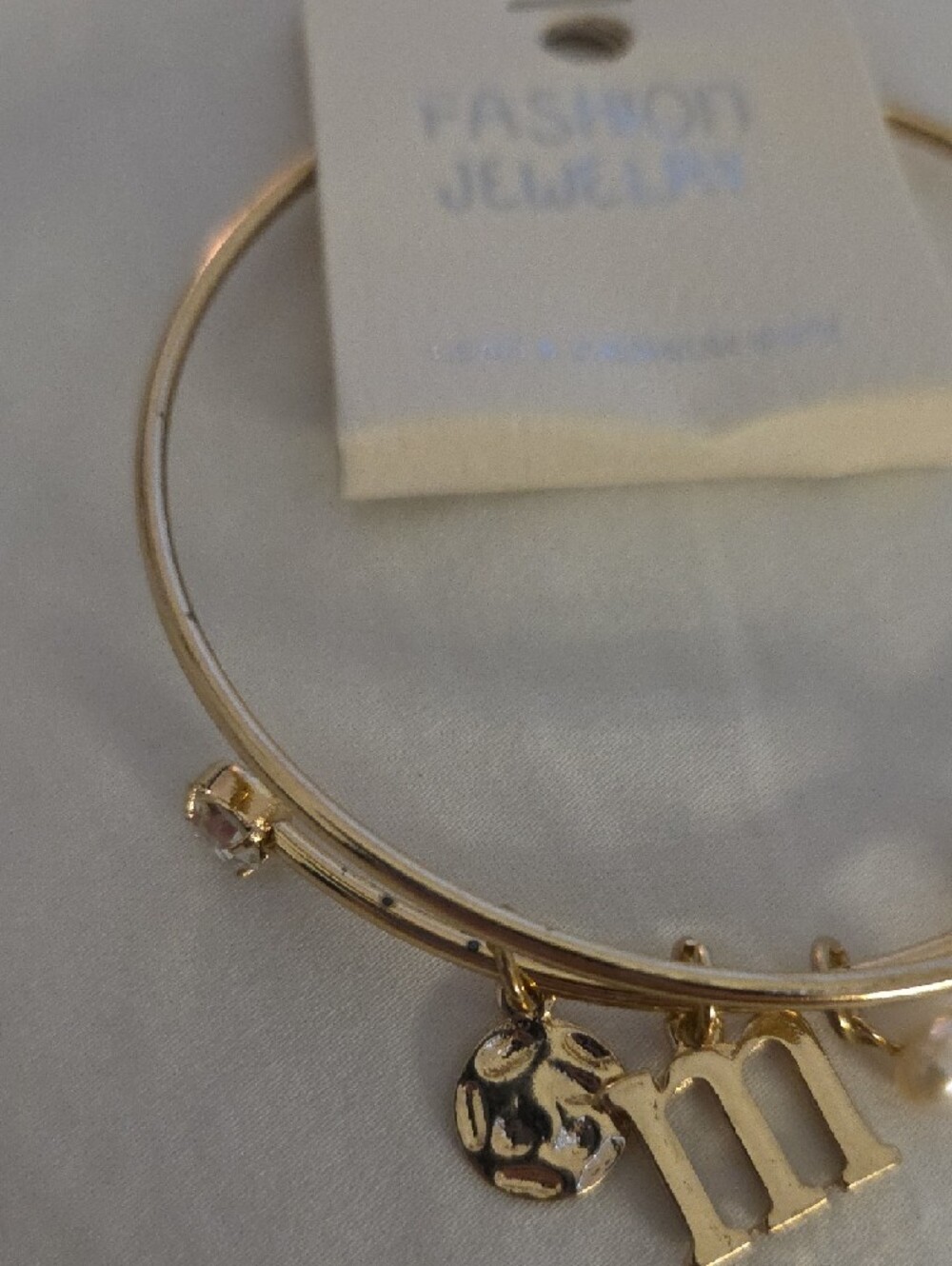 Fashion Jewelry Gold-Tone Initial M Charm Bangle with pearl - Picture 3 of 4